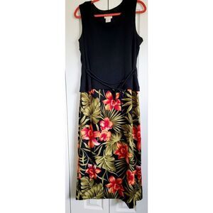 Expressions 14 Vintage Maxi Dress Tropical Floral Print Black Top‎ Strech